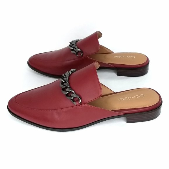 Calvin Klein Frieda Mule In Cherry Red Leather Metallic Chain Detail - Picture 5 of 9